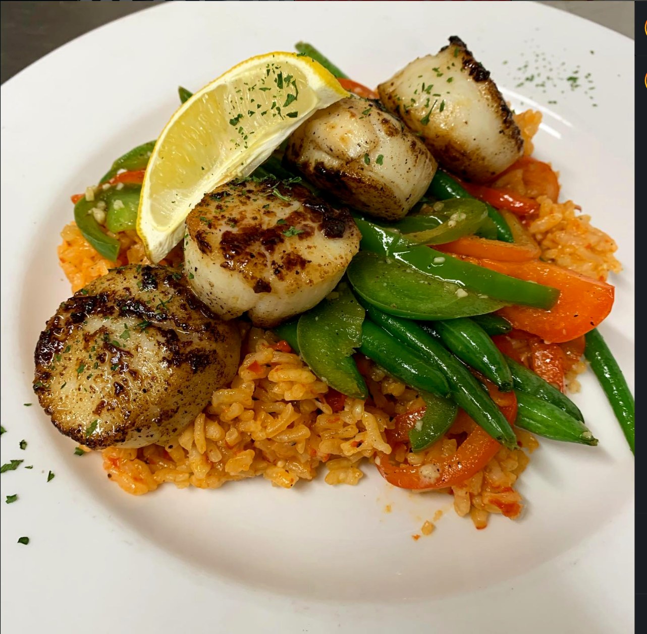 Pan-seared scallops with roasted red pepper risotto
